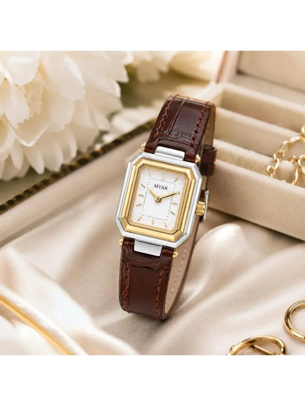 Women's Two Tone Coffee Square Vintage Leather Strap Dress Quartz Elegant Watch